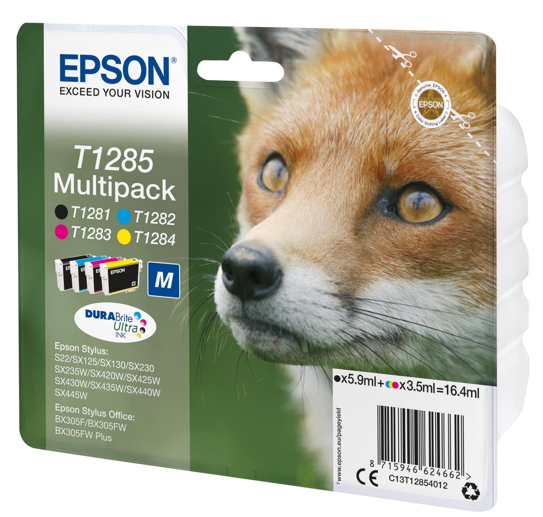 EPSON T1285 MULTIPACK - PACK DE 4 - 16.4 ML - NOIR, JAUNE, CYAN, MAGENTA - ORIGINAL - CARTOUCHE D'ENCRE - POUR STYLUS S22, SX130, SX230, SX235, SX430, SX435, SX438, SX440, SX445, STYLUS OFFICE BX305