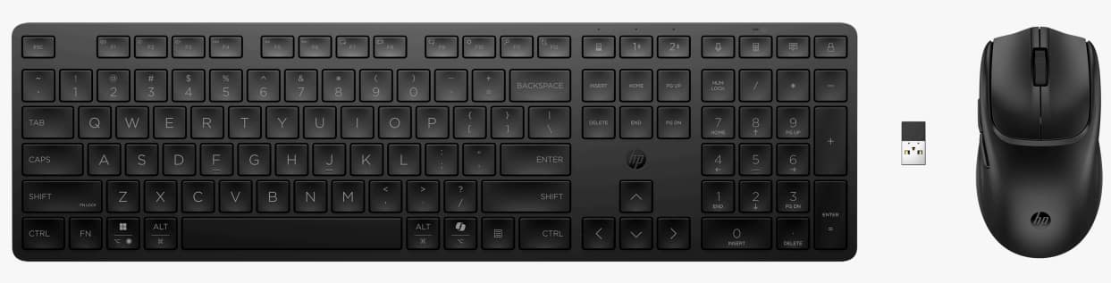 HP 495C - ENSEMBLE CLAVIER ET SOURIS - MODE DOUBLE, MULTI-APPAREILS, DISPOSITION À 3 ZONES, COURSE DES TOUCHES À PROFIL BAS - 100% - FULL SIZE - SANS FIL - USB, 2.4 GHZ - FRANÇAIS - NOIR